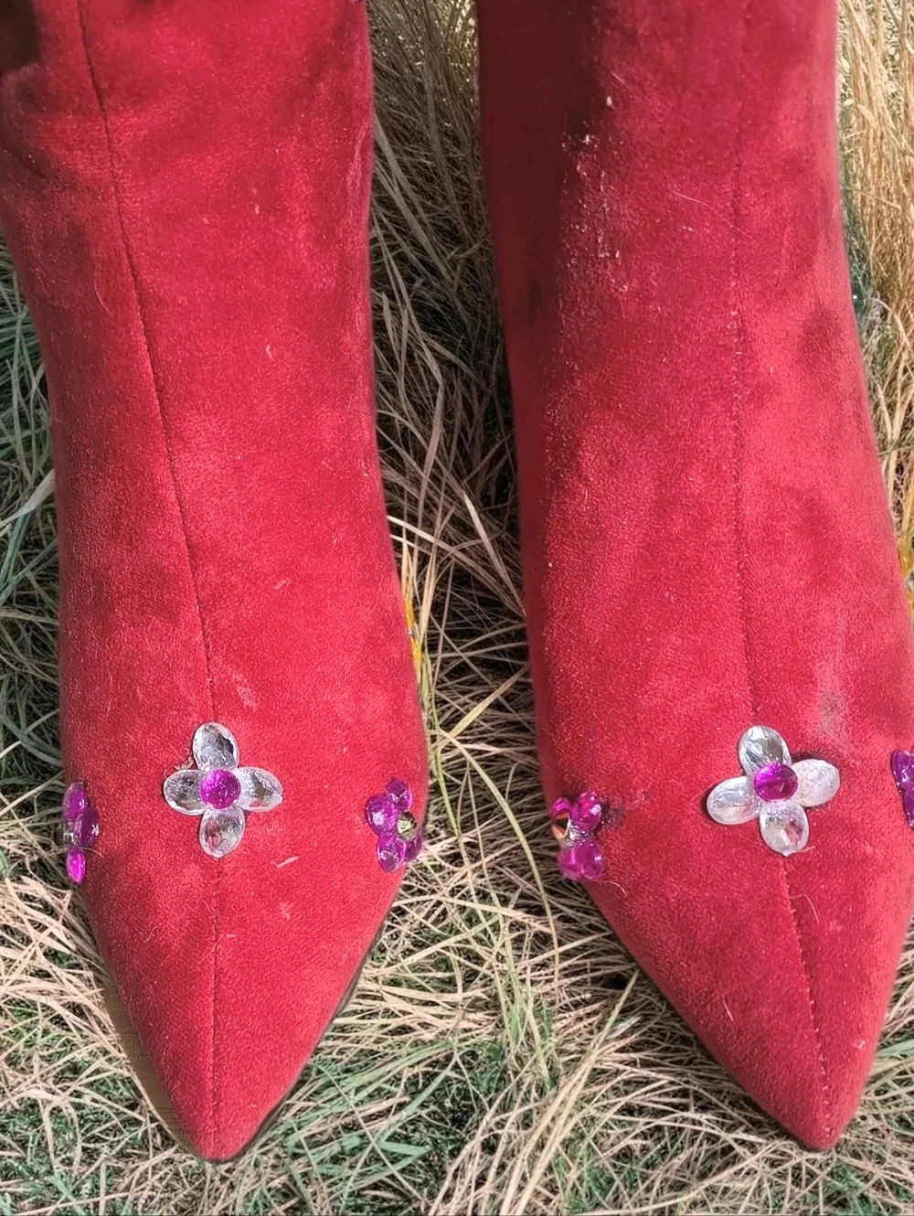 NWT Women’s Red Faux Suede Knee Stiletto Boots 6.5M, Embellished With Gems